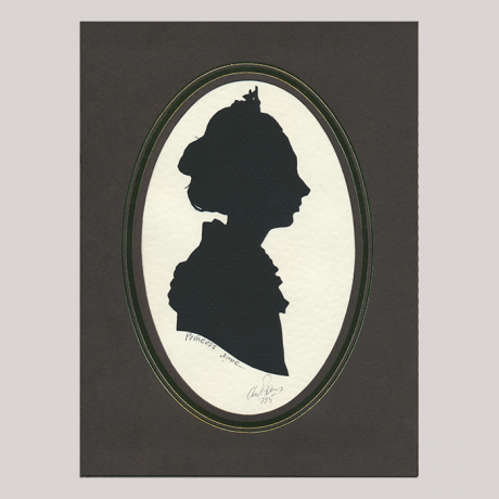 
        Silhouette, with woman in frame looking right, wearing a bonnet.